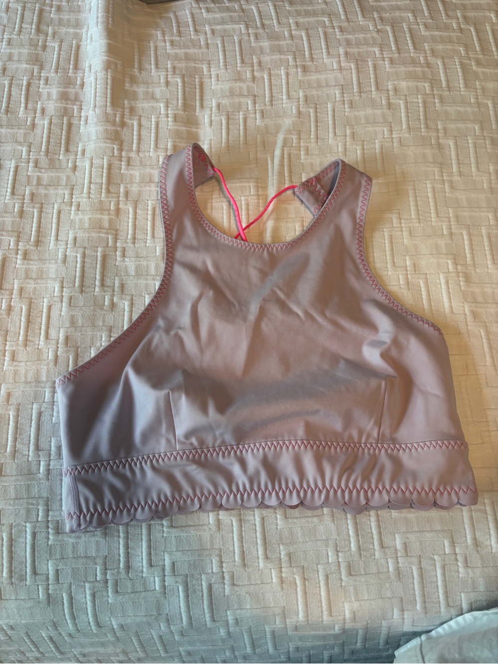 Mauve Scallop-Trim Sports Bra with Pink Straps